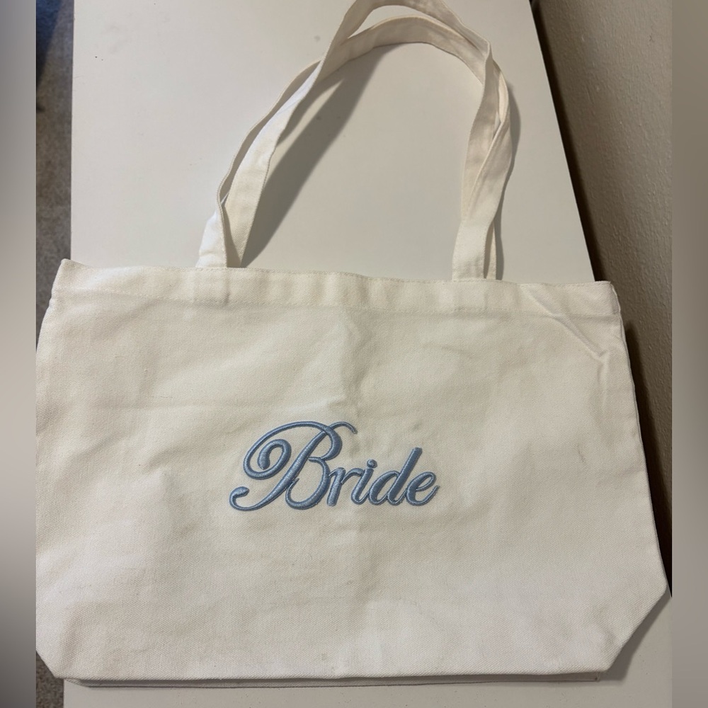 David’s Bridal White and Blue Embroidered Bride Tote Bag